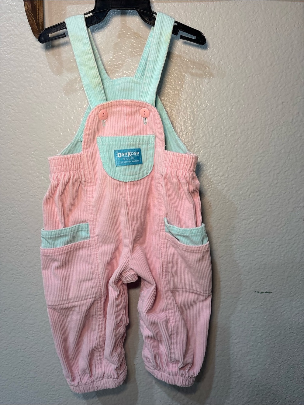 Vintage 90s Osh Kosh B'Gosh Girls Pink Mint Blue Vback Corduroy Overall USA 12 M